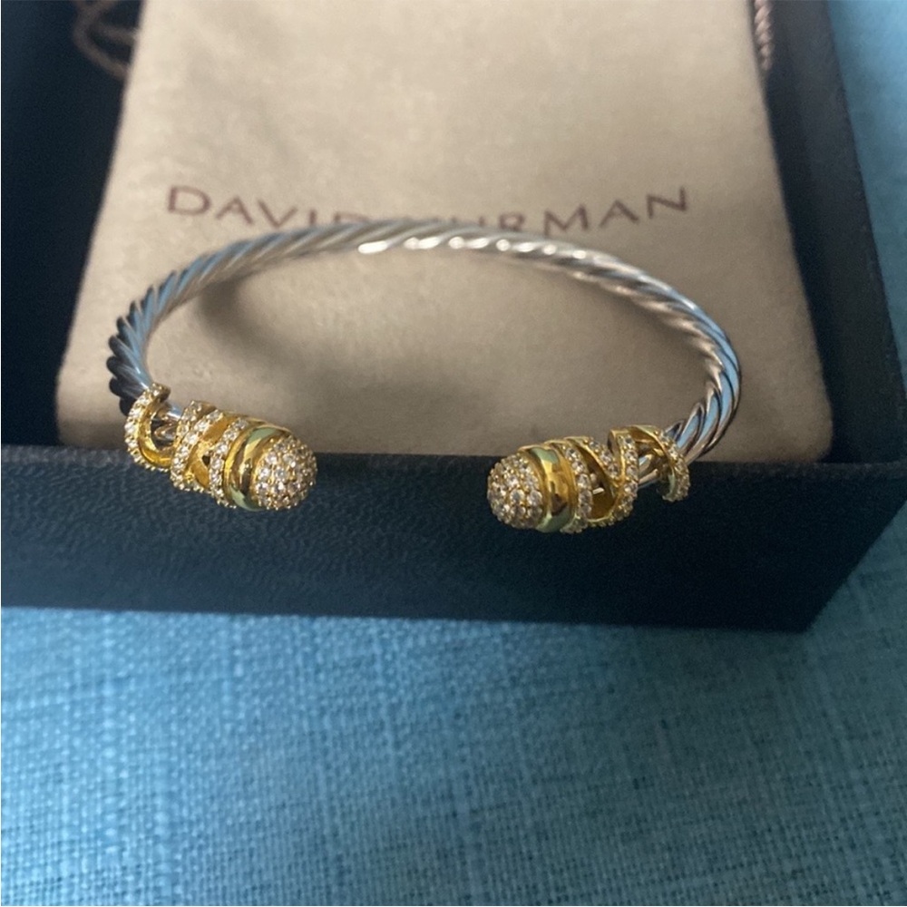 David Yurman Silver Cable Bracelet with Gold Pavé End Caps 4mm